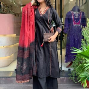 elegant banana silk kurta plazo dupatta set – neck work & pocket detailing with cotton lining | house of shivisha™ akshar