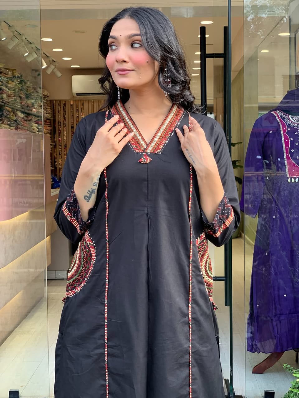 elegant banana silk kurta plazo dupatta set – neck work & pocket detailing with cotton lining | house of shivisha™ akshar elegant banana silk kurta plazo dupatta set – neck work & pocket detailing with cotton lining | house of shivisha™ akshar