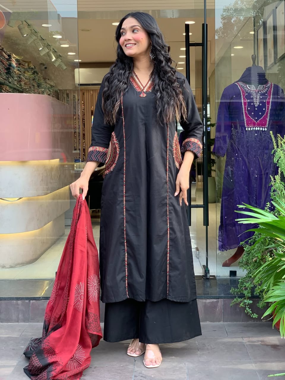 elegant banana silk kurta plazo dupatta set – neck work & pocket detailing with cotton lining | house of shivisha™ akshar elegant banana silk kurta plazo dupatta set – neck work & pocket detailing with cotton lining | house of shivisha™ akshar