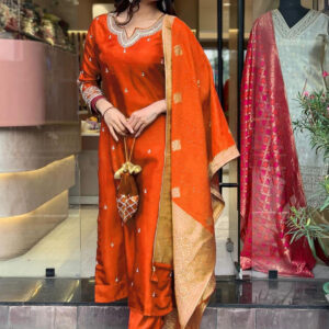 aashi silk kurta pant dupatta set – embroidered pv chanderi with art silk dupatta | house of shivisha™