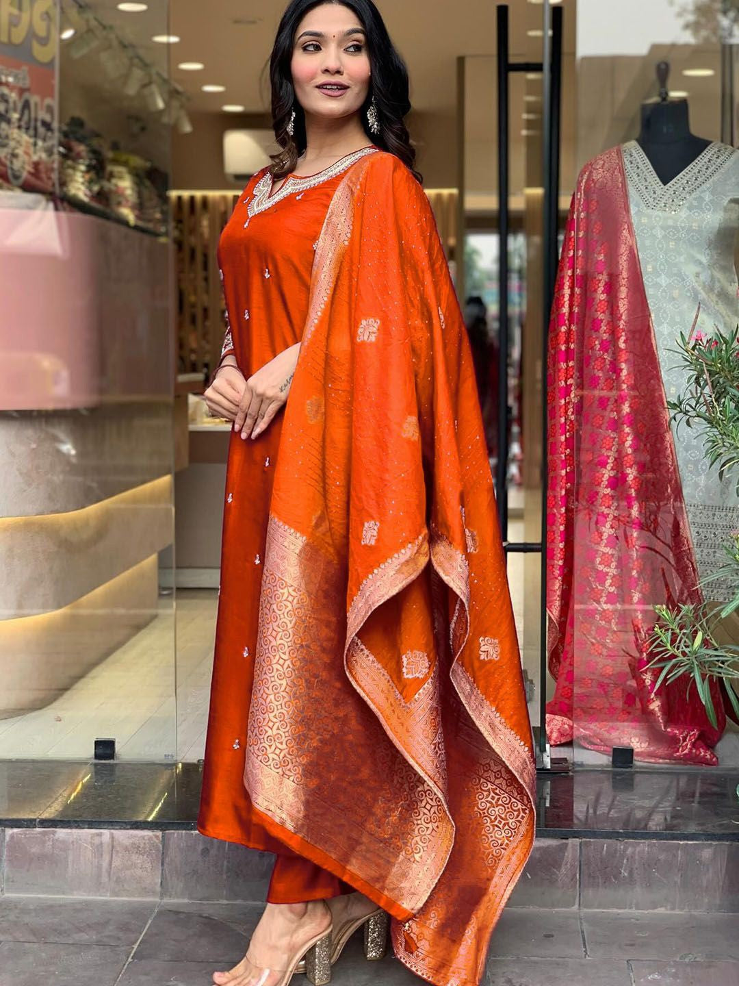 aashi silk kurta pant dupatta set – embroidered pv chanderi with art silk dupatta | house of shivisha™ aashi silk kurta pant dupatta set – embroidered pv chanderi with art silk dupatta | house of shivisha™