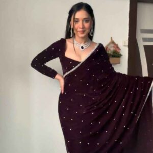 hc 895 premium velvet ready to wear saree – hand pearl work with lace border & unstitched velvet blouse | house of shivisha™